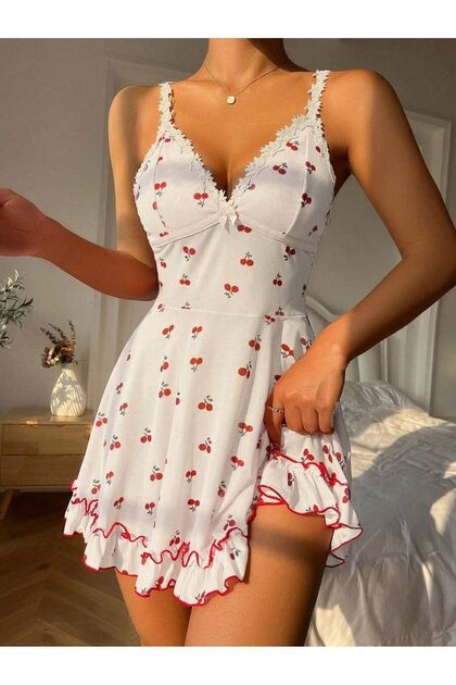 Romantik Beyaz Kiraz Baskılı Askılı Gecelik ve Tanga Seti - Trendyol ürün fotoğrafı